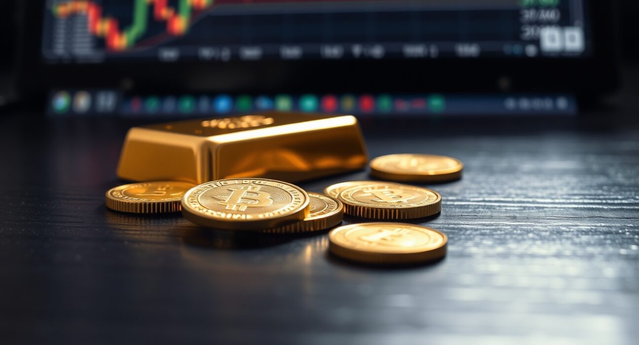 Close-up of gold bars and coins on a dark surface with soft lighting.