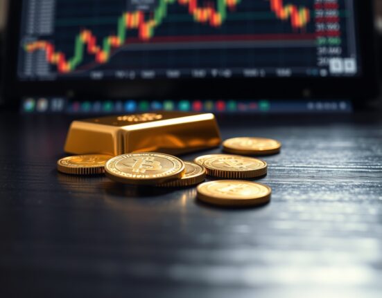 Close-up of gold bars and coins on a dark surface with soft lighting.