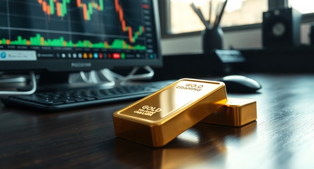 Gold bullion bars on a desk with financial charts in the background