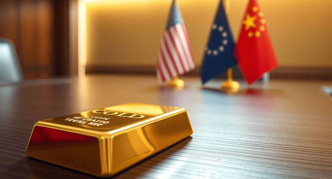 Gold bar in foreground with blurred U.S. and China flags in background, representing trade summit impact on gold prices.