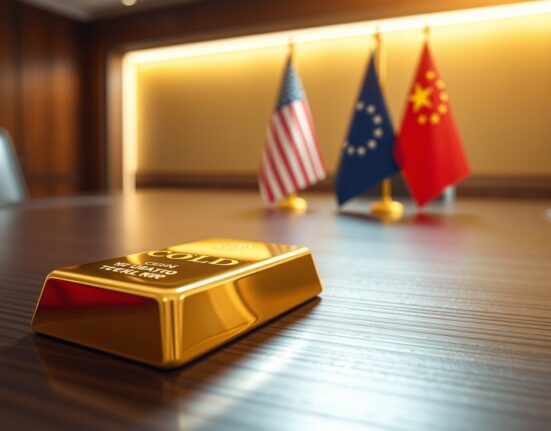 Gold bar in foreground with blurred U.S. and China flags in background, representing trade summit impact on gold prices.