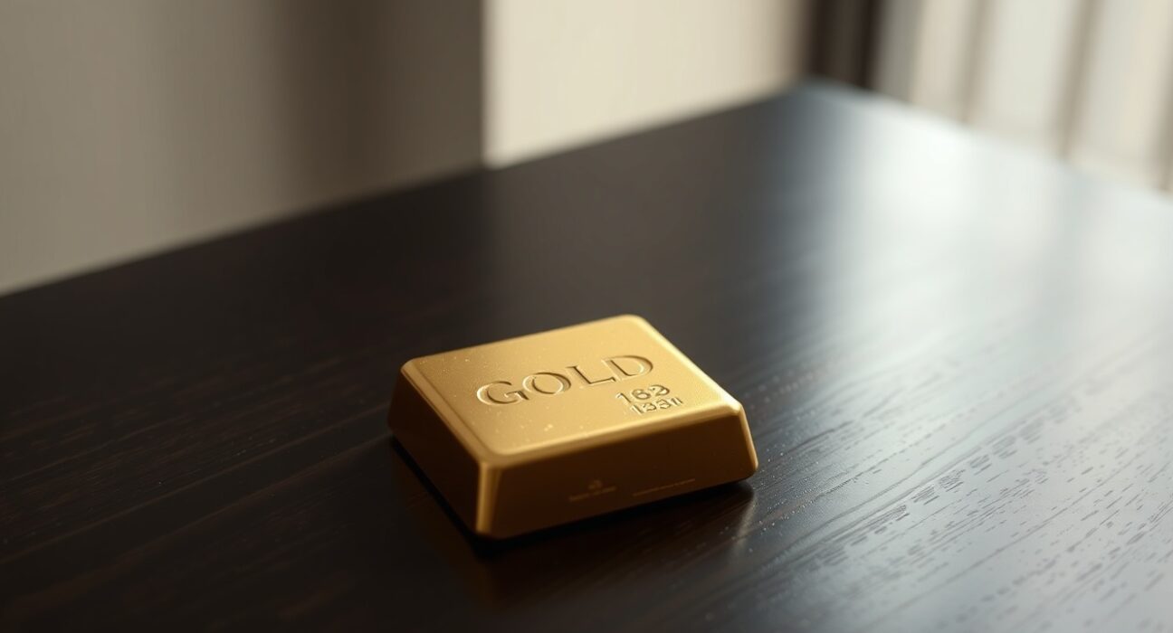 Gold bar on dark wooden surface with soft lighting