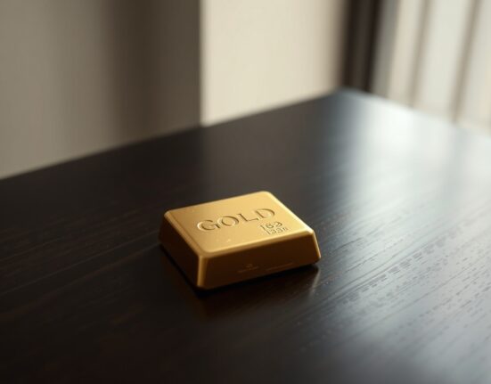 Gold bar on dark wooden surface with soft lighting