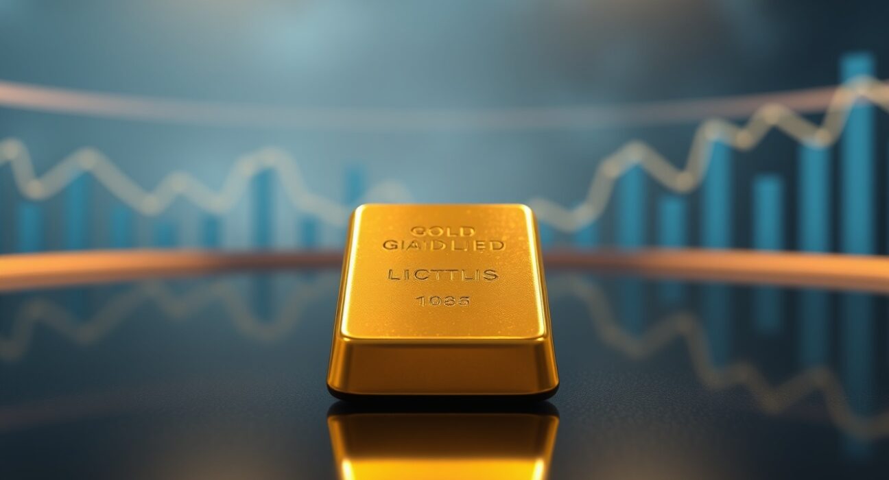 Gold bar on dark reflective surface with soft spotlight, symbolizing precious metals market ahead of US CPI data release