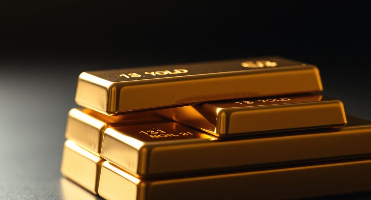 Close-up of stacked gold bars with soft lighting, representing safe-haven demand.