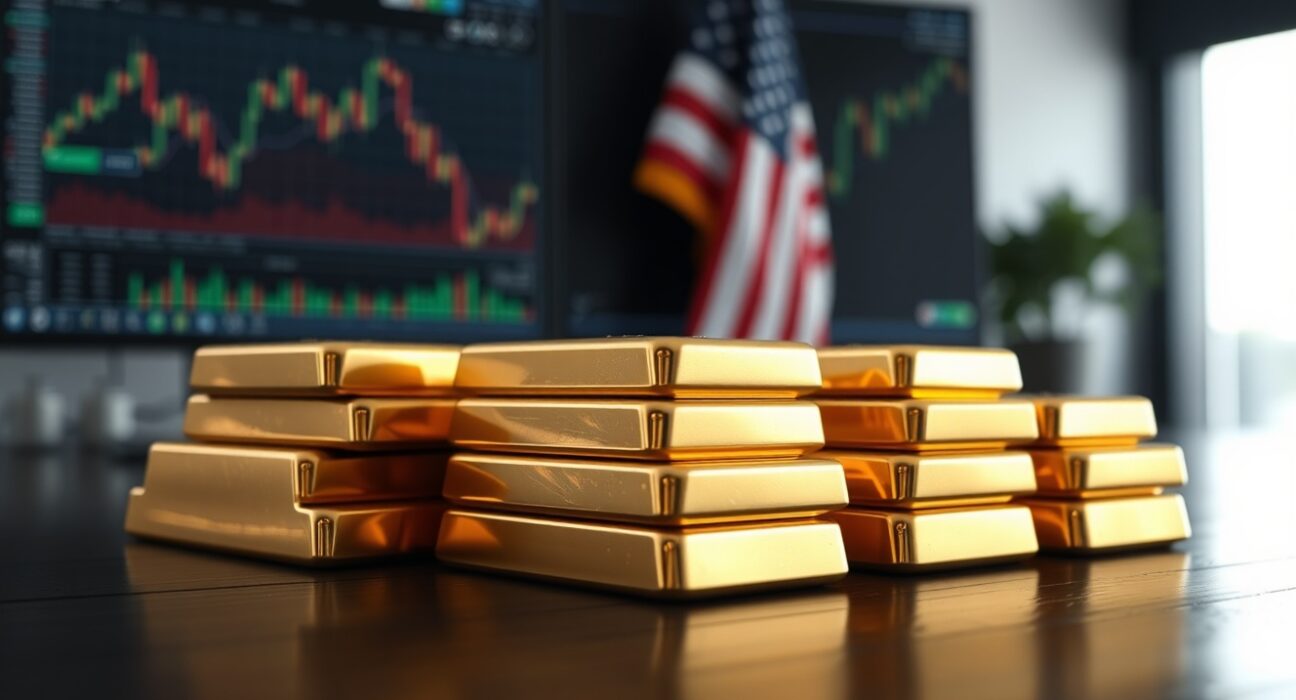 Close-up of gold bars with financial charts and US flag in soft focus background.