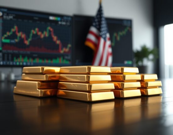 Close-up of gold bars with financial charts and US flag in soft focus background.