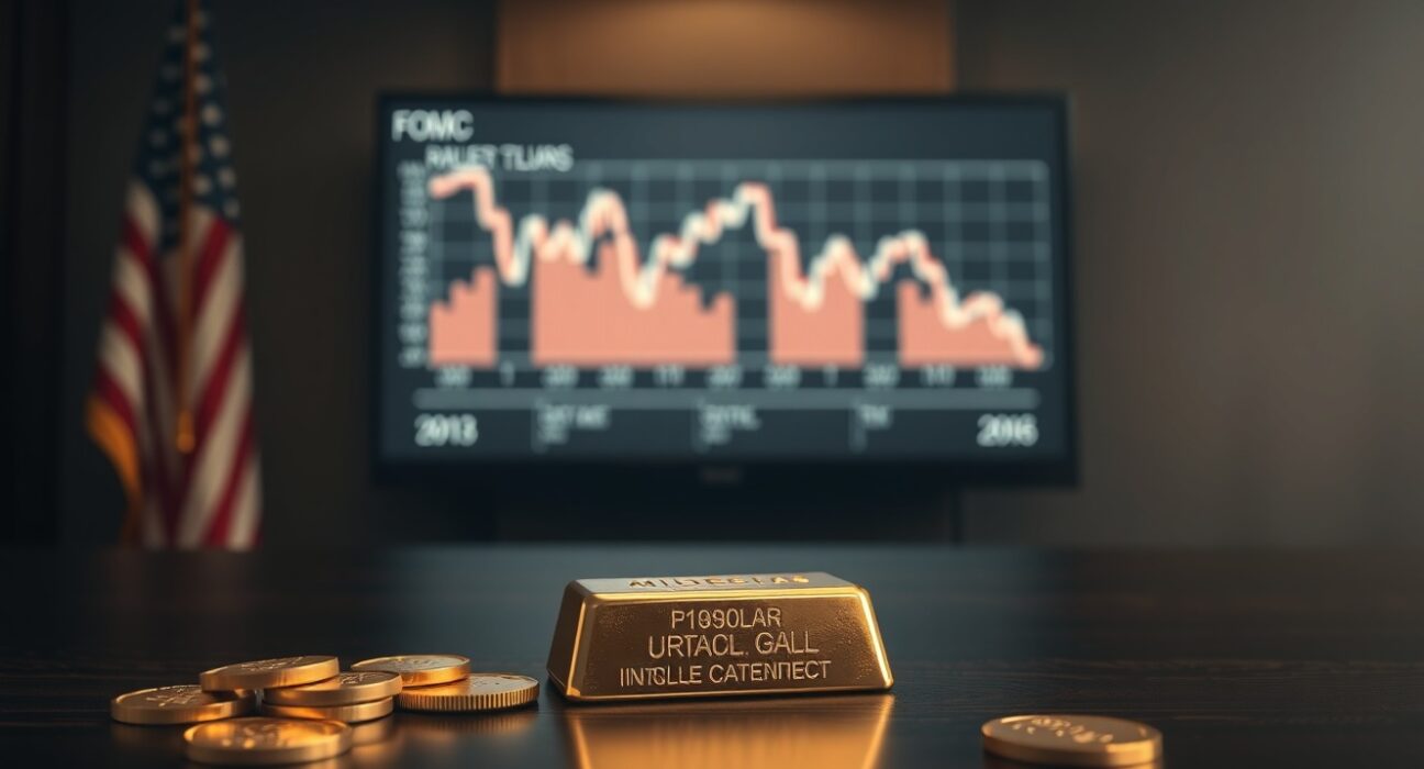 Gold bars and coins on a wooden surface with a blurred American flag and financial chart in the background