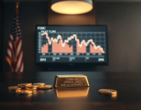 Gold bars and coins on a wooden surface with a blurred American flag and financial chart in the background