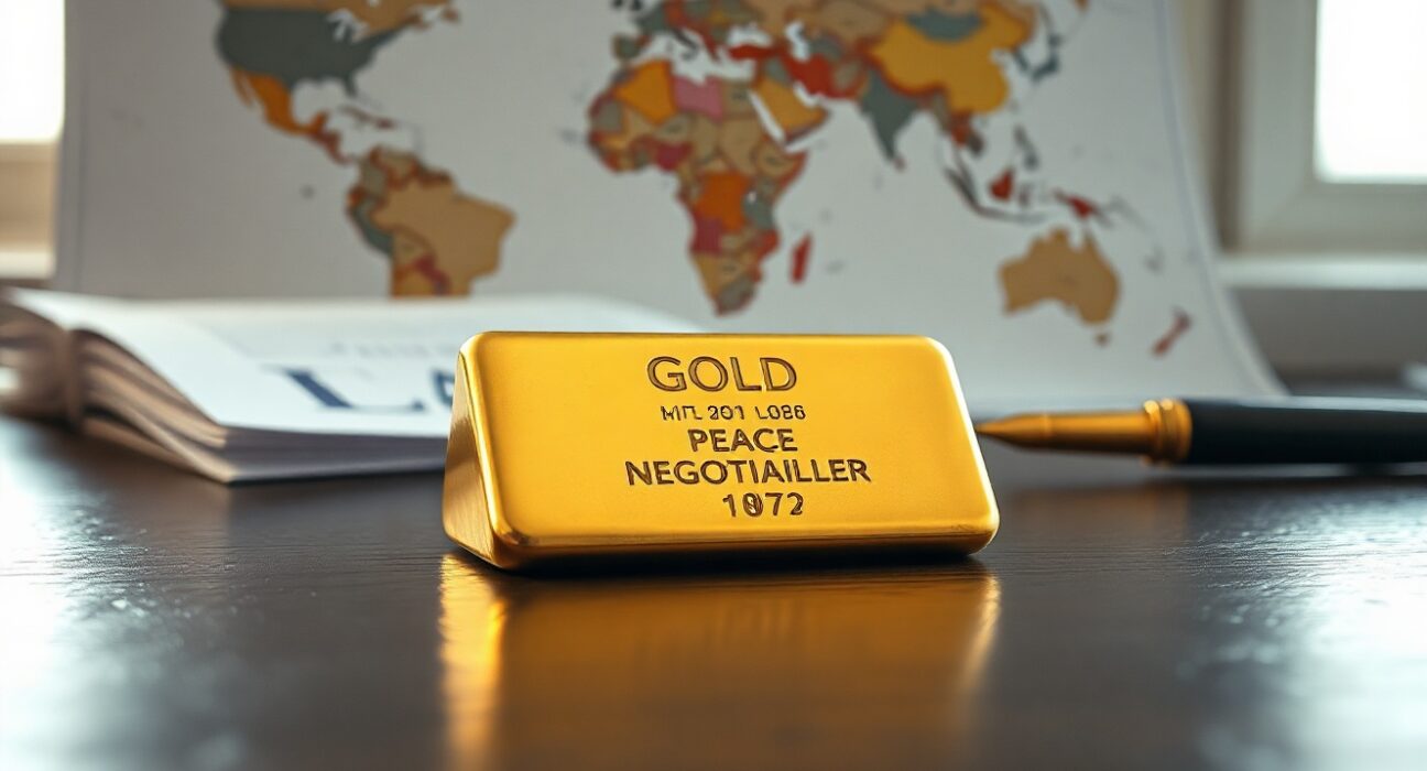 Gold bullion bar on dark wooden surface with diplomatic documents in background