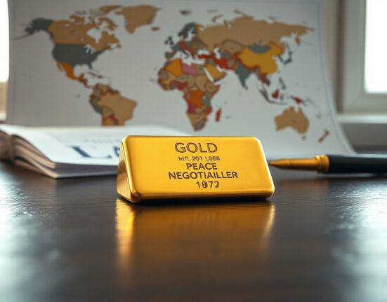 Gold bullion bar on dark wooden surface with diplomatic documents in background