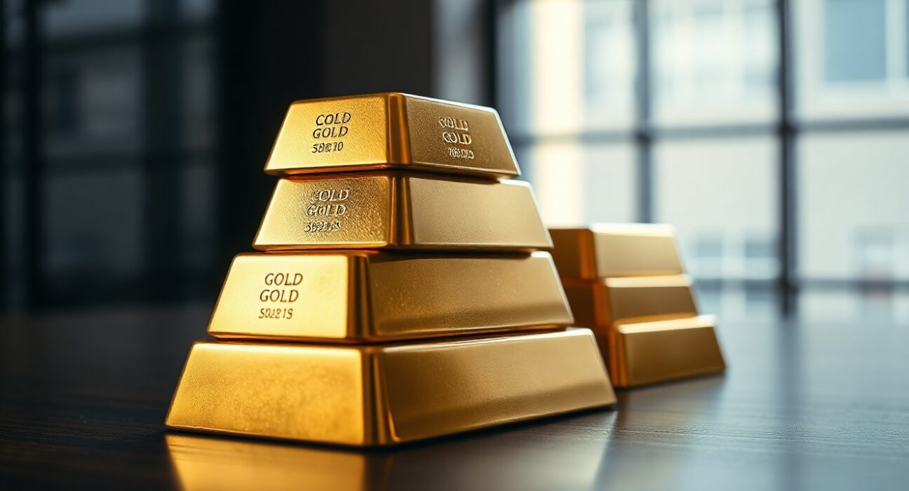 Stacked gold bullion bars on dark surface with soft natural light