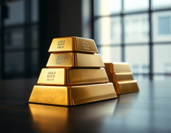 Stacked gold bullion bars on dark surface with soft natural light