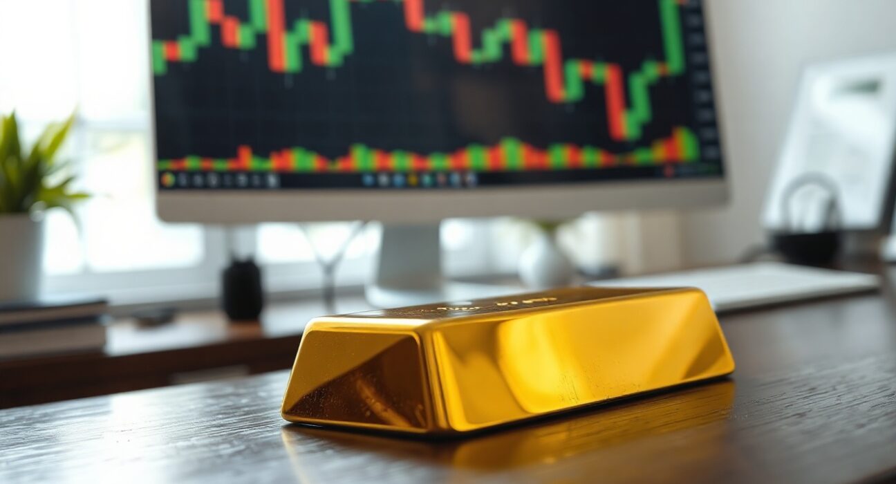 Gold bar on wooden surface with financial charts in background