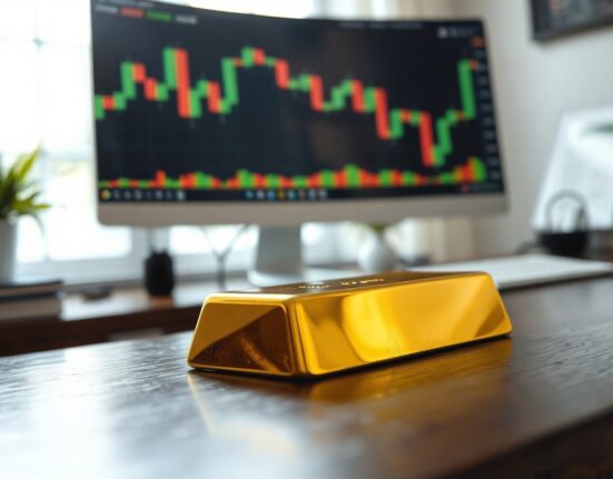 Gold bar on wooden surface with financial charts in background