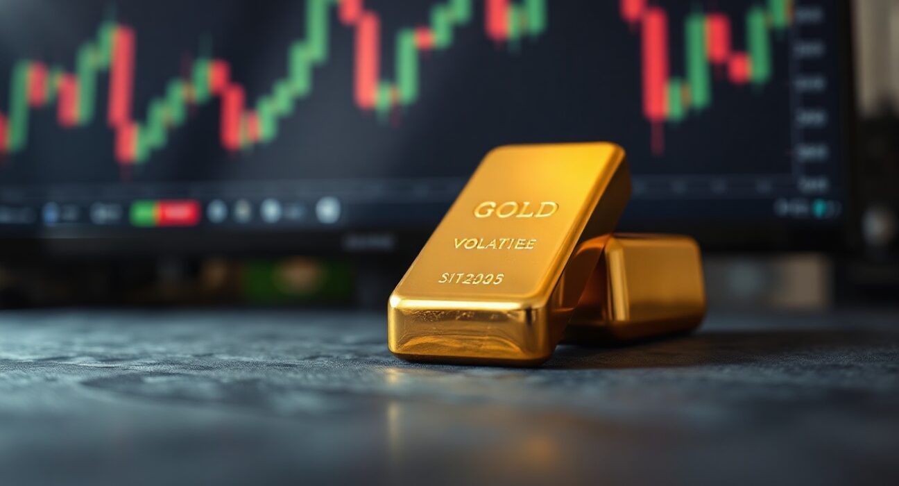 Gold bar in focus with a blurred financial chart in the background representing market analysis.