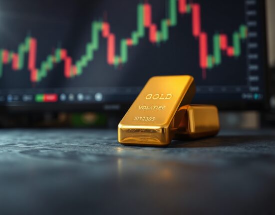 Gold bar in focus with a blurred financial chart in the background representing market analysis.