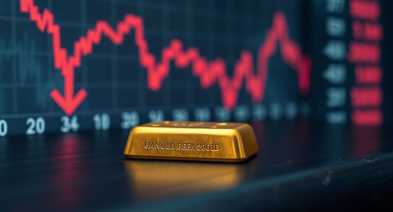 Gold bar on a dark surface with a blurred financial chart showing downward movement
