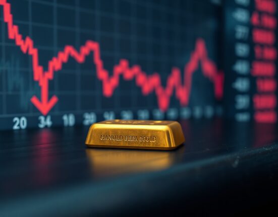 Gold bar on a dark surface with a blurred financial chart showing downward movement