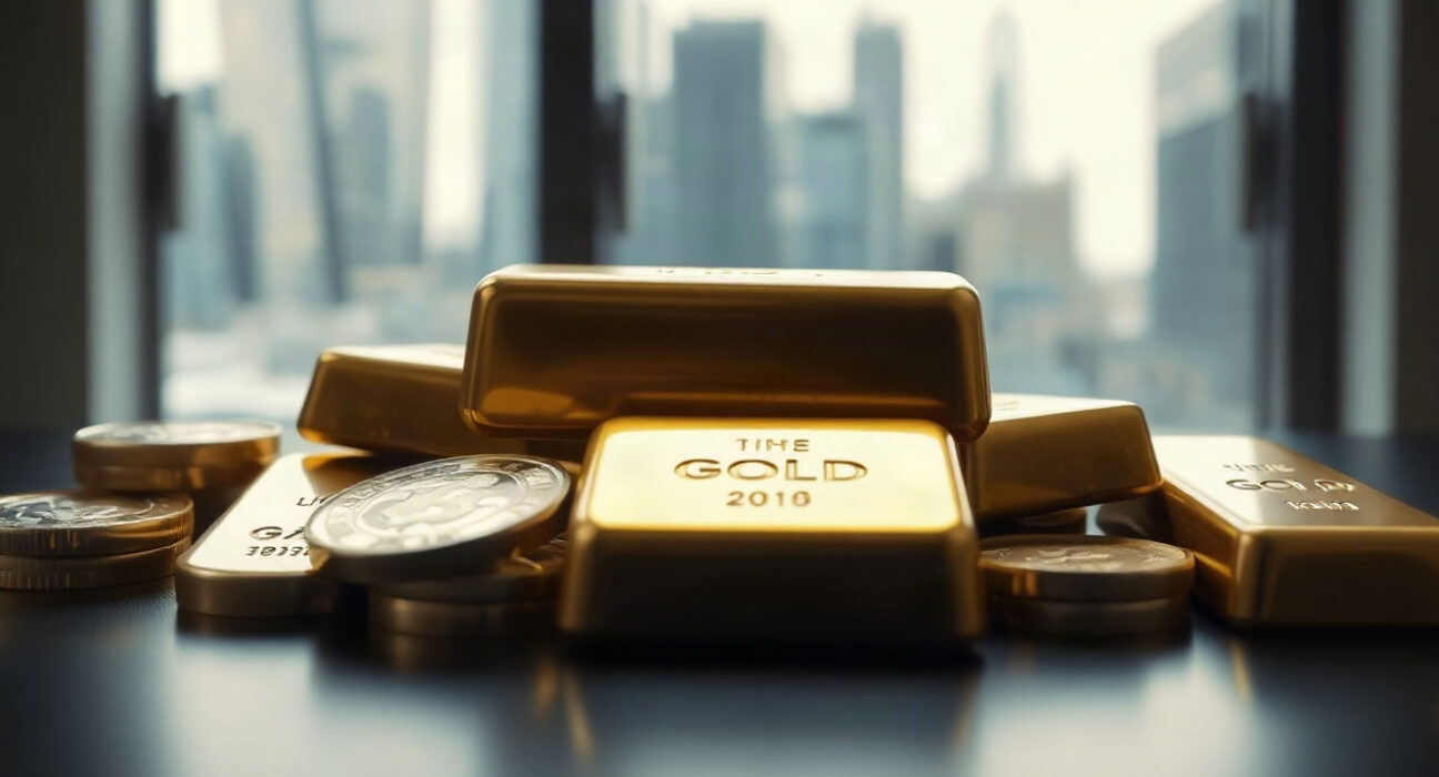 Gold bars and coins on a dark surface, representing gold price movement