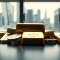 Gold bars and coins on a dark surface, representing gold price movement