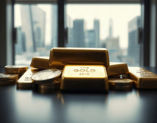 Gold bars and coins on a dark surface, representing gold price movement