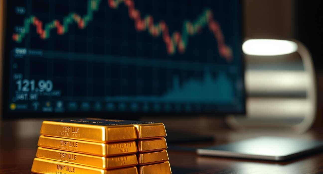 Stacked gold bars with a blurred financial chart showing a downward trend in the background.