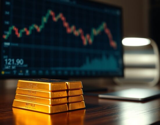 Stacked gold bars with a blurred financial chart showing a downward trend in the background.
