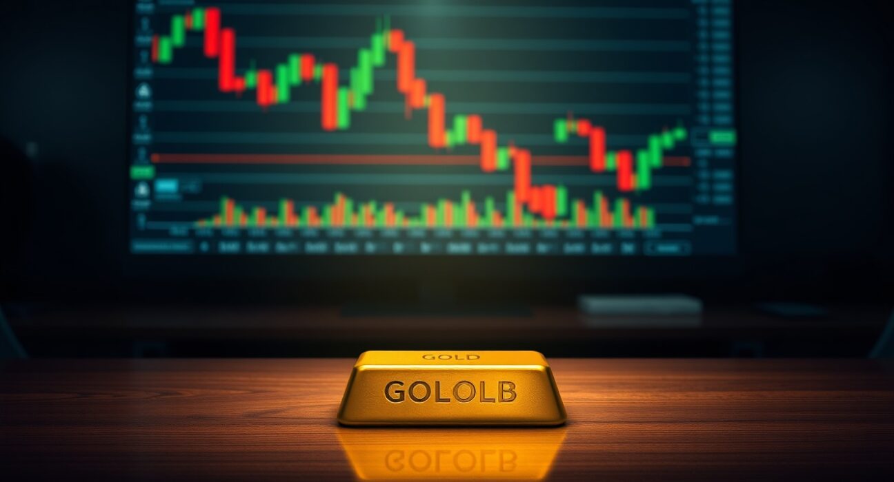 Gold bar on table with bearish chart on screen – gold edges lower on hawkish central banks as bears await acceptance below $4,600