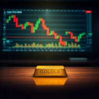 Gold bar on table with bearish chart on screen &ndash; gold edges lower on hawkish central banks as bears await acceptance below $4,600