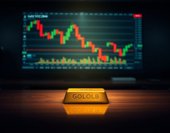 Gold bar on table with bearish chart on screen &ndash; gold edges lower on hawkish central banks as bears await acceptance below $4,600