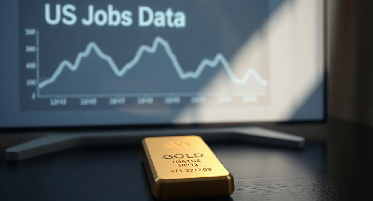Gold bar on wooden surface with digital chart showing price decline ahead of US jobs report