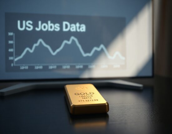 Gold bar on wooden surface with digital chart showing price decline ahead of US jobs report