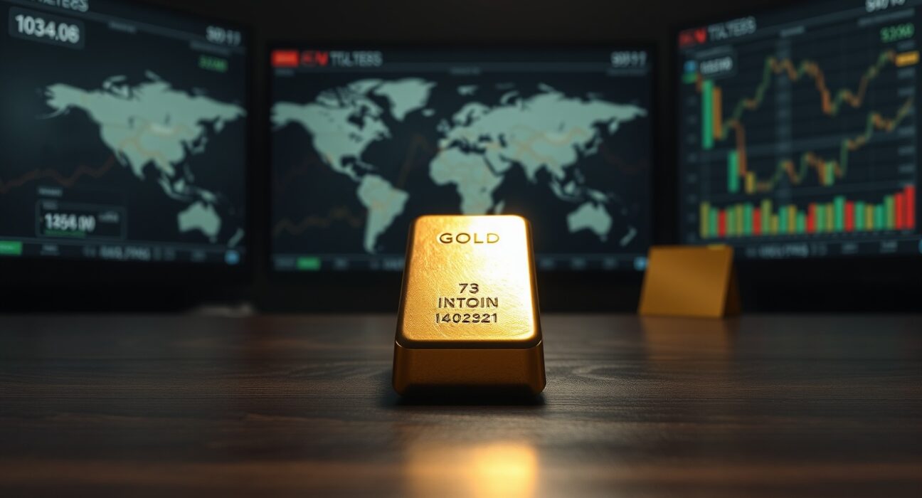 Gold bullion bar on dark table with blurred financial charts in background, representing market uncertainty.
