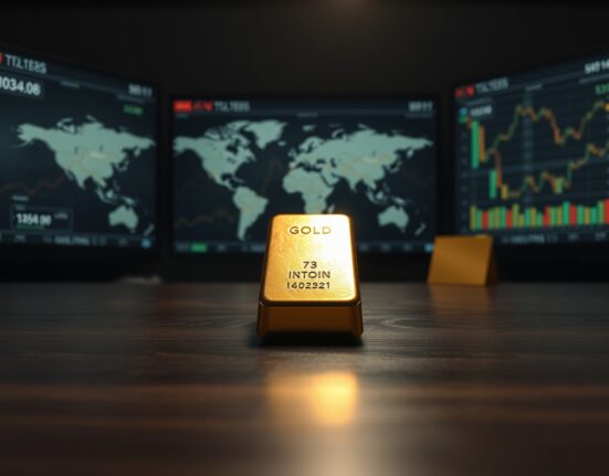 Gold bullion bar on dark table with blurred financial charts in background, representing market uncertainty.