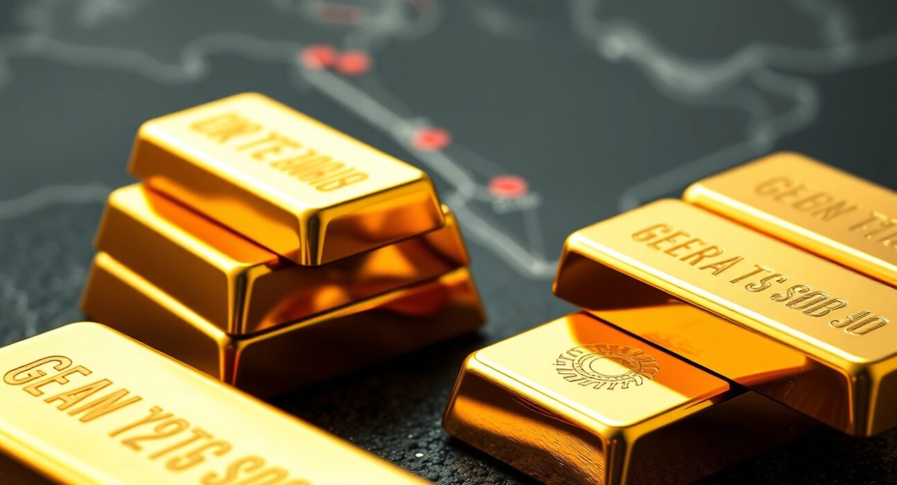 Stacked gold bars with a blurred map of the Middle East in the background, representing geopolitical tensions and safe-haven demand.