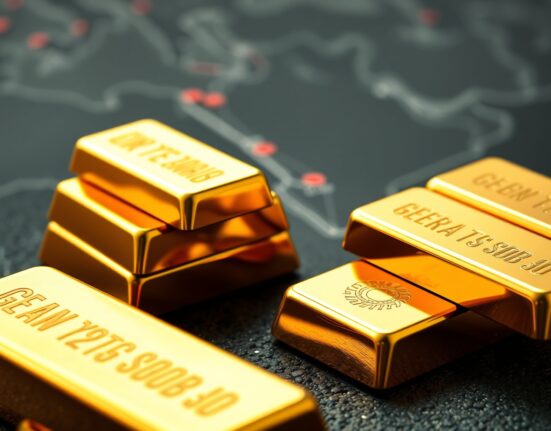Stacked gold bars with a blurred map of the Middle East in the background, representing geopolitical tensions and safe-haven demand.