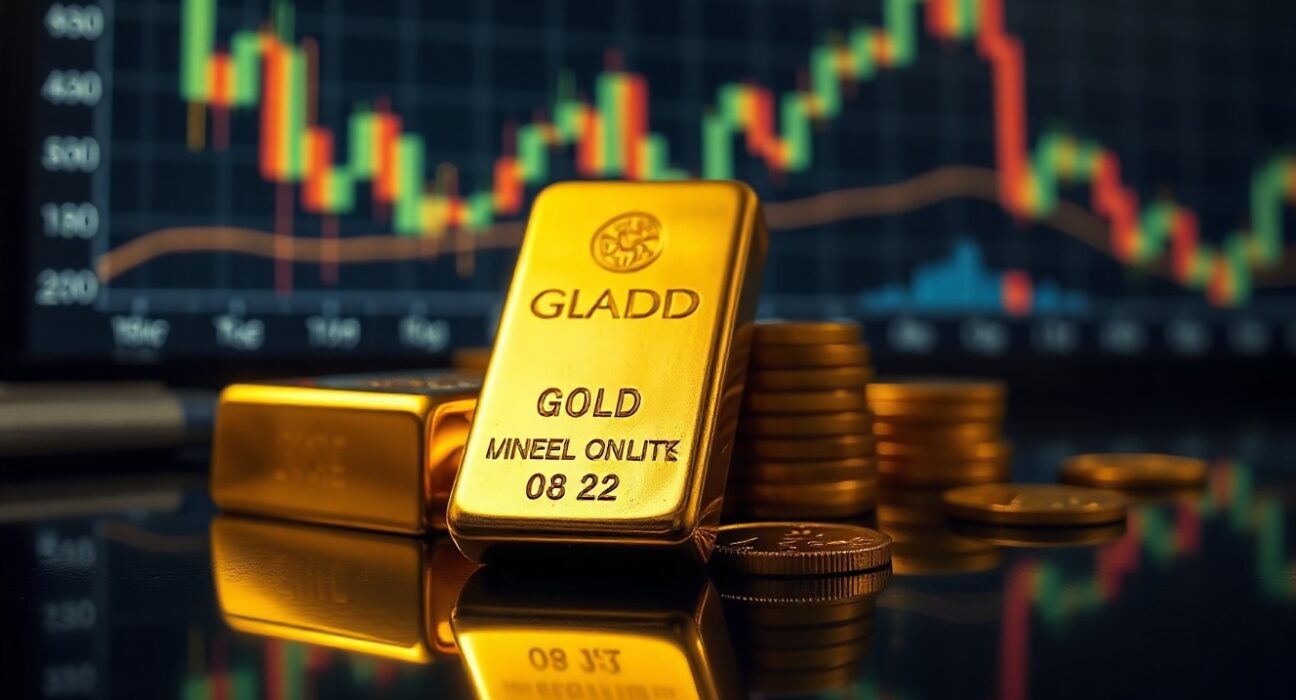 Gold bars and coins on a reflective surface with financial charts blurred in background
