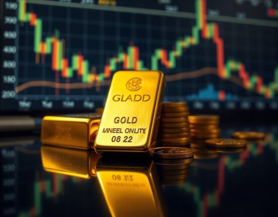 Gold bars and coins on a reflective surface with financial charts blurred in background