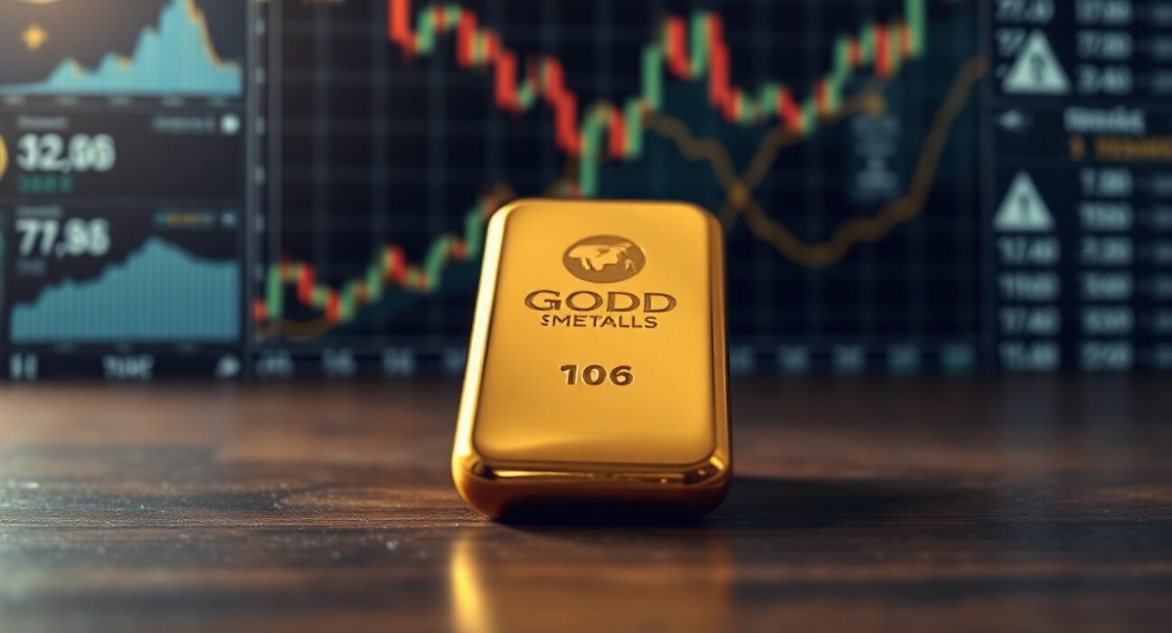 Gold bar on dark surface with blurred financial charts in background representing market uncertainty