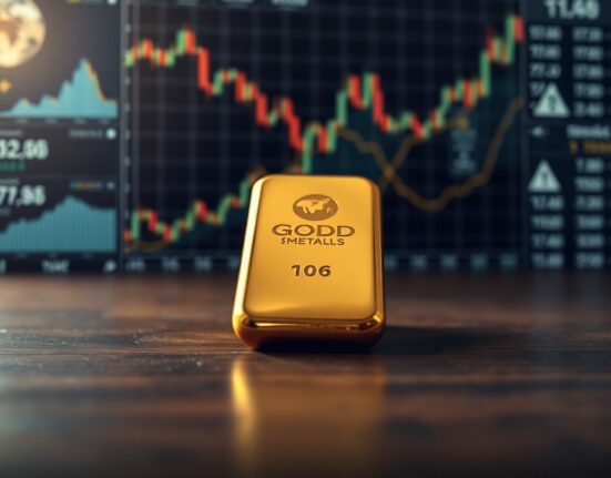 Gold bar on dark surface with blurred financial charts in background representing market uncertainty
