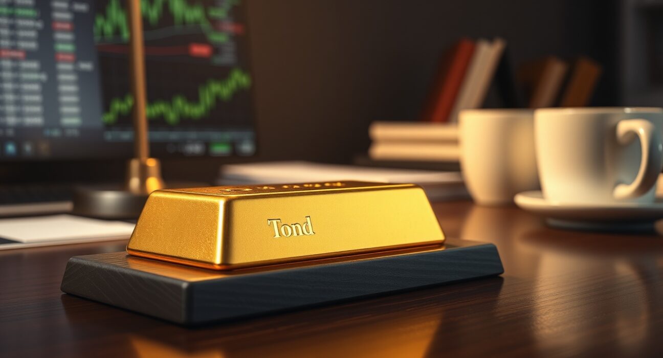 Gold bar on a wooden desk with a blurred financial news ticker in the background