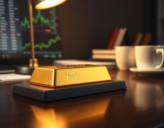 Gold bar on a wooden desk with a blurred financial news ticker in the background