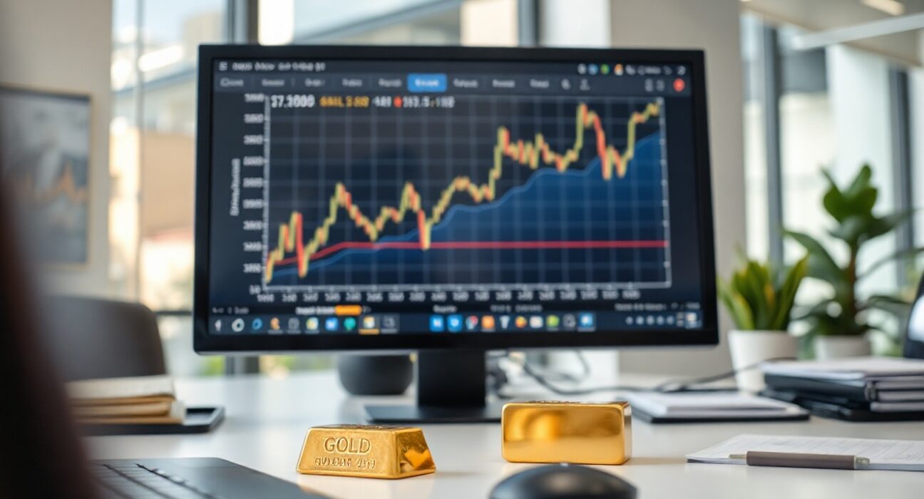 Analyst's desk with a gold bar and a computer monitor showing a gold price chart