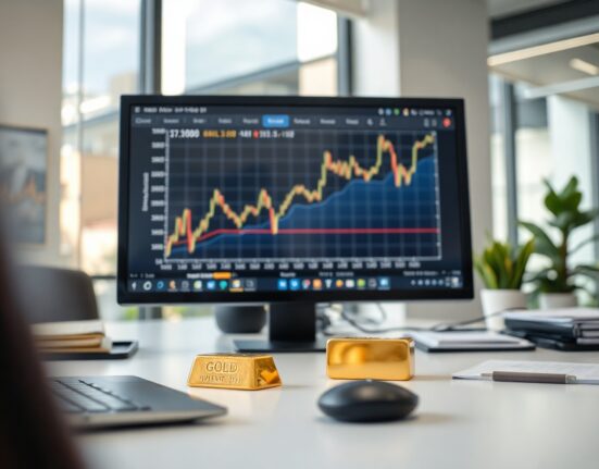 Analyst's desk with a gold bar and a computer monitor showing a gold price chart