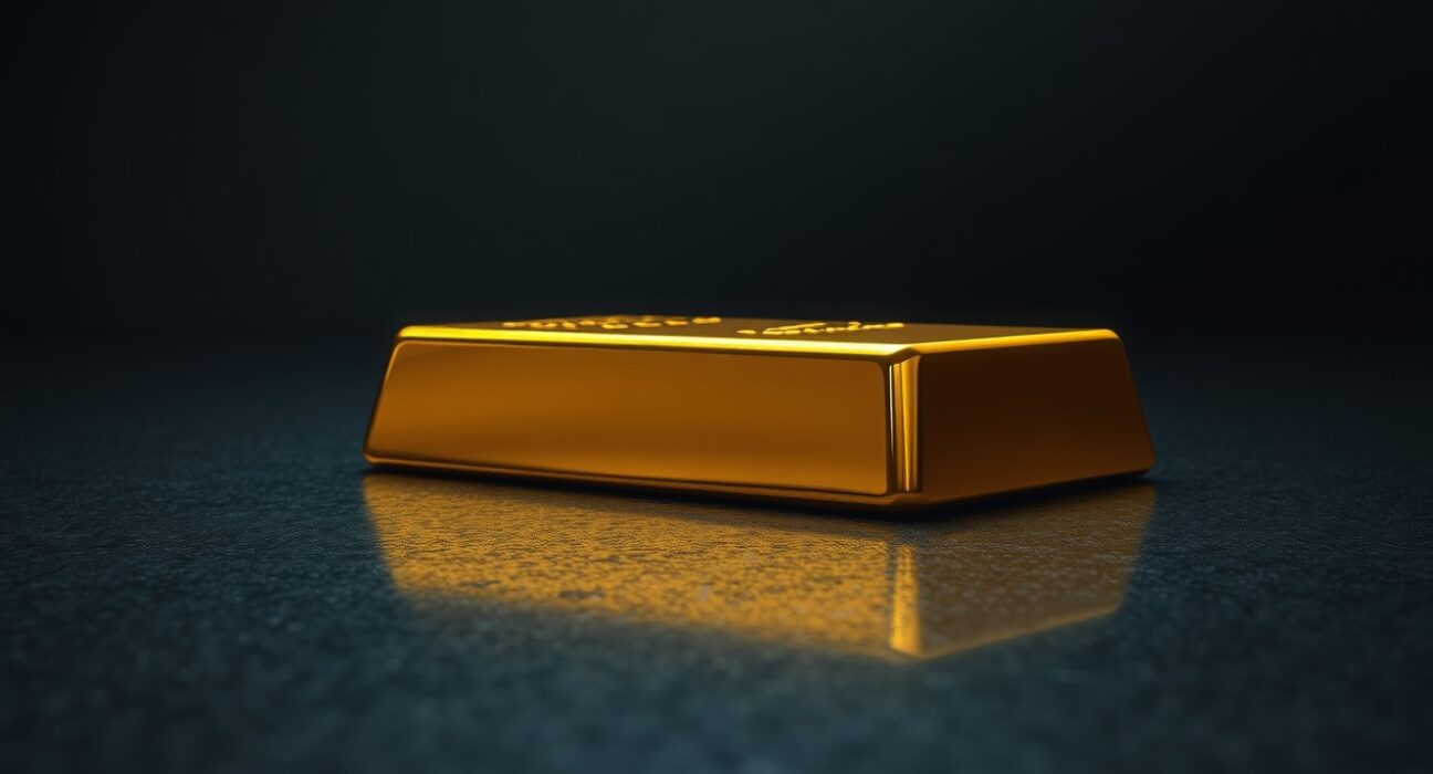 Gold bar reflecting stock market chart, representing gold ETF inflows and investment trends.