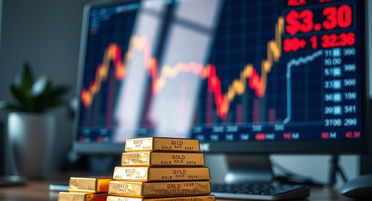 Gold bars on a desk with a computer monitor showing a rising gold price chart and stock market data.