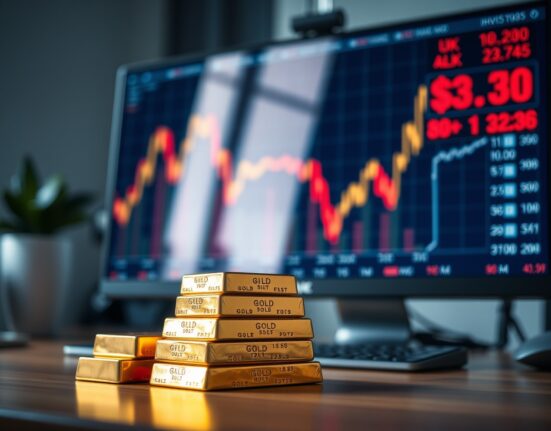Gold bars on a desk with a computer monitor showing a rising gold price chart and stock market data.