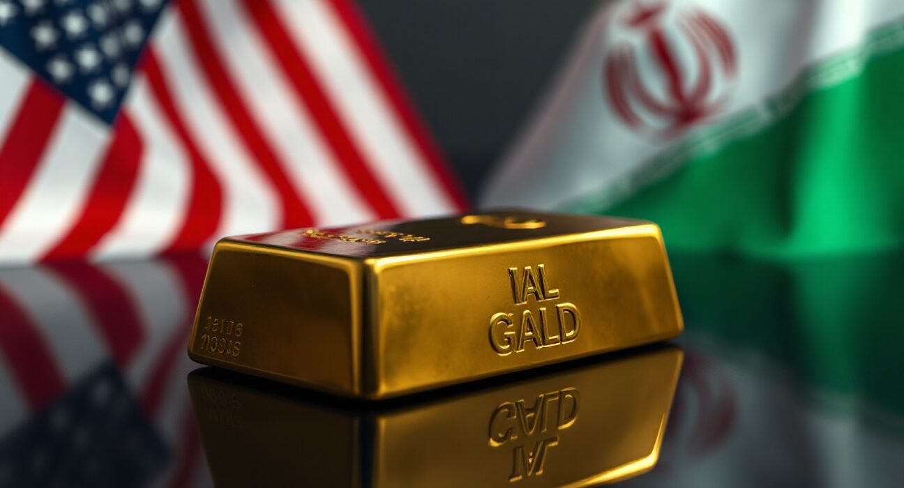 Gold bullion bar on dark reflective surface with blurred US and Iranian flags in background symbolizing geopolitical negotiations