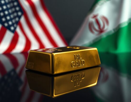 Gold bullion bar on dark reflective surface with blurred US and Iranian flags in background symbolizing geopolitical negotiations